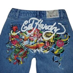 Ed Hardy Koi Fish Painted y2k Vintage Straight Leg Jeans